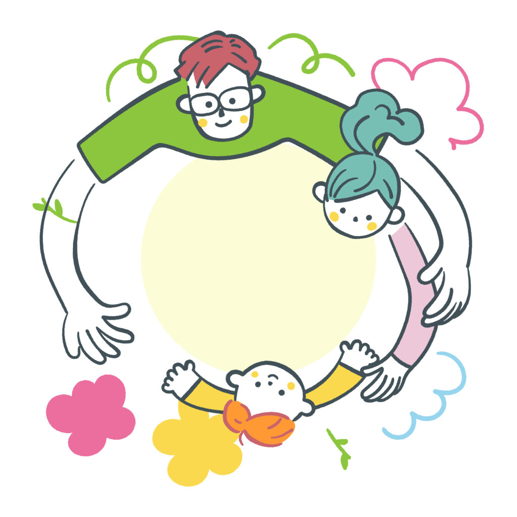 親子が肩を組み円になっているイラスト